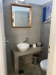 a bathroom with a sink and a mirror and a toilet at AEGEAN VIEW SEASIDE ROOMS AND STUDIOS KEA in Korissia