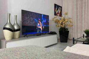 telewizor z płaskim ekranem siedzący na stojaku telewizyjnym w salonie w obiekcie apartamento plaza del parque w mieście Villanueva de Arosa