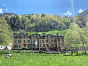 un gran edificio con una colina verde detrás de él en Apartamentos Llorts Ordino 3000, en Llorts