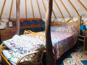 1 dormitorio con 1 cama y sillas en una yurta en Cotswolds Camping at Holycombe, en Shipston on Stour