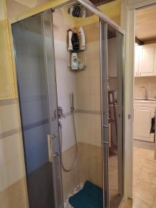 a shower with a glass door in a bathroom at Il giardino dei semplici B&B in Caulonia