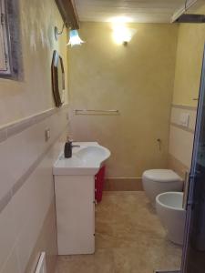 a bathroom with a white sink and a toilet at Il giardino dei semplici B&B in Caulonia