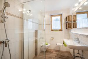 a bathroom with a shower and a toilet and a sink at Moarbauer in Dorfgastein +77 photos