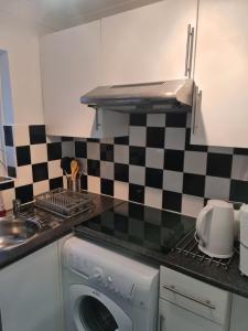 a kitchen with a washing machine and a checkered wall at Cosy Lodge in Thornton Heath