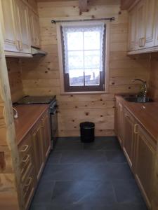 uma pequena cozinha com armários de madeira e uma janela em Planinske kuce Good Night em Donji Babin Potok