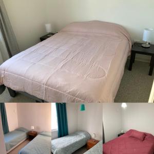 two pictures of a bed in a room at Bonito y lindo departamento de vacaciones a metros de la Avenida del Mar in La Serena