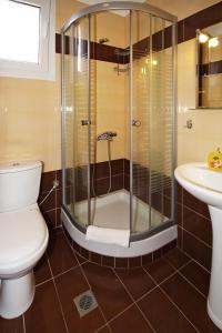 a bathroom with a shower and a toilet and a sink at Coralli Studios in Ormos Panagias