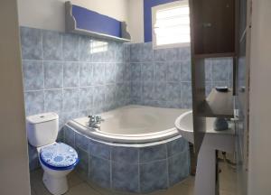 La salle de bains est pourvue d'une baignoire, de toilettes et d'un lavabo. dans l'établissement Petite maison à 12mn du bassin de Manapany, à Saint-Joseph