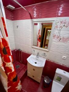 La salle de bains est pourvue d'un lavabo, de toilettes et d'un miroir. dans l'établissement Velvet Sea, à Dzhubga