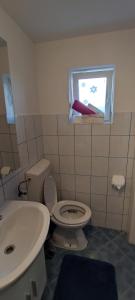 a bathroom with a toilet and a sink and a window at Apartments Plavčić in Plomin