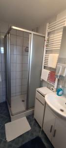 a bathroom with a shower and a sink at Apartments Plavčić in Plomin