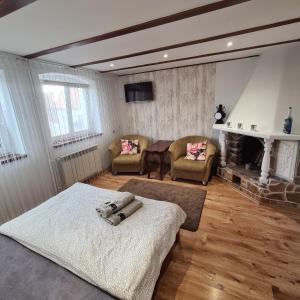 a living room with a bed and a fireplace at Apartament OLTO Mikołajki in Mikołajki