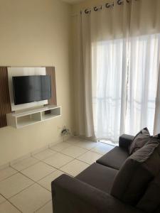 uma sala de estar com um sofá e uma televisão de ecrã plano em Apartamento com varanda em Lavras