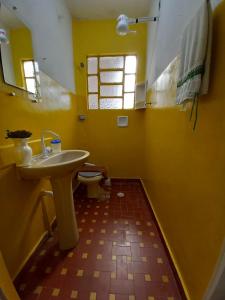 La salle de bains jaune est pourvue d'un lavabo et de toilettes. dans l'établissement Infinito House - Casa inteira, à São Paulo