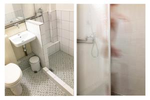two pictures of a bathroom with a toilet and a shower at Economy apartment B1 low budget in Larisa