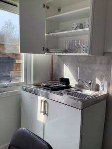 uma pequena cozinha com um lavatório e um fogão em Cosy compact living with gym access. em Heberg