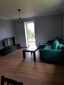 a living room with a green couch and a coffee table at Apartament Wydminy in Wydminy