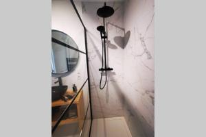 a bathroom with a shower with a mirror and a sink at De Flat - Licht en luxueus appartement bij Het Zuid in Antwerp