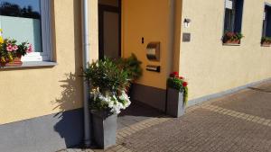 a building with flowers in front of a door at Landhaus Effeld in Wassenberg