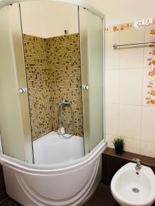 a bathroom with a tub and a toilet and a sink at Postavarului Apartment in Braşov