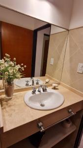 lavabo con espejo y jarrón de flores en Nidale Suites 1 en La Rioja