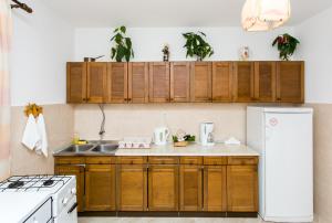 a kitchen with wooden cabinets and a white refrigerator at Apartmani Kate, Plat in Mlini