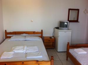 a bedroom with two beds and a tv on a refrigerator at Georgia in Nikiana