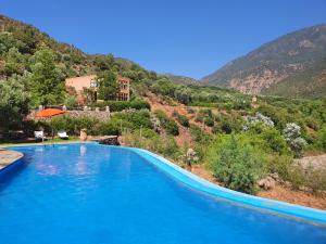 a large blue swimming pool with a mountain in the background at Kasbah Africa in Ouirgane