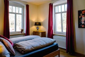 1 dormitorio con 2 ventanas con cortinas rojas en Ferienwohnung Radeberg, en Radeberg