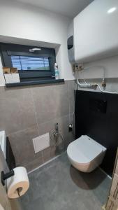 a bathroom with a white toilet and a window at Apartman Cassovia in Holčíkovce