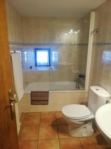 a bathroom with a toilet and a tub and a sink at Casa Rural del Chopo in La Aliseda de Tormes