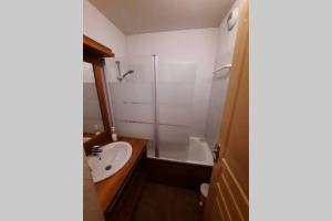 uma casa de banho com um lavatório, um chuveiro e um WC. em Appartement en plein coeur du Queyras - Les Granges d'Arvieux em Arvieux