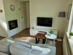 a living room with a couch and a tv at 't Vosseven vakantiehuizen in Stramproy