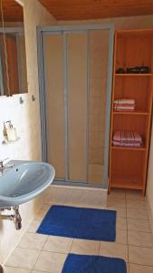 ein Bad mit einem Waschbecken und einer Glasdusche in der Unterkunft Ferienwohnungen Gut Seebacher in Klagenfurt am Wörthersee