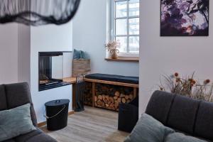 a living room with two chairs and a fireplace at Tiny House Loft2d, Terrasse, WIFI, Romantik in Dresden