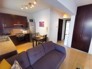 ein Wohnzimmer mit einem Sofa und einer Küche in der Unterkunft Promenade Breeze City Apartment in Larnaka