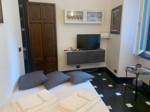 Camera con letto, cuscini e TV. di Casa ETERIA a Genova