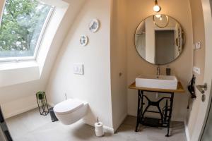 uma casa de banho com um lavatório, um WC e um espelho. em Zum Heuerling Ferienwohung Leinenstube mit Sauna em Versmold