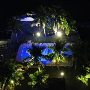 una vista aerea di un resort notturno con palme di Pousada Aquamaster Dive Center ad Angra dos Reis