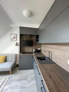 una cocina con fregadero y un sofá en una habitación en Hello 3B Apartman en Keszthely