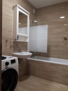 y baño con lavabo, bañera y lavadora. en Kosice-centrum apartment, en Košice