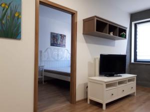 - une chambre avec un miroir et une télévision sur une commode dans l'établissement Kosice-centrum apartment, à Košice
