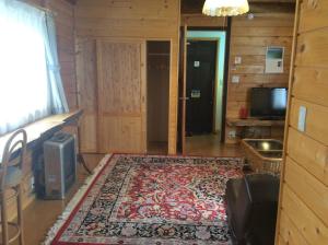 a living room with a rug and a television at Woody Life in Kami-furano