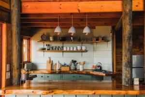 a kitchen with wooden walls and a counter with pots and pans at Stonewood Mountain Cabin in Breërivier