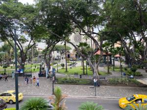 una vista de un parque con personas caminando y coches en Hotel Rizzo, en Guayaquil