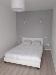 ein weißes Bett in einem Zimmer mit einer weißen Wand in der Unterkunft gîte des lavandières in Le Vigeant