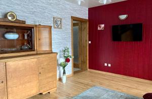 a living room with a tv and a red wall at Haus Steffine in Annahütte