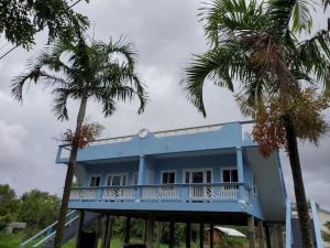 una casa azul con palmeras delante en Tranquility Suites- Feels like Home en Choiseul