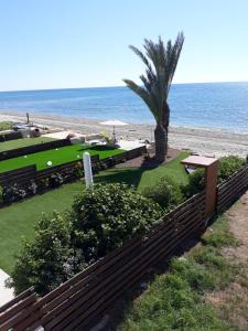 a fence next to a beach with a palm tree at SEAFRONT BEACH PARTY VILLA in Perivolia