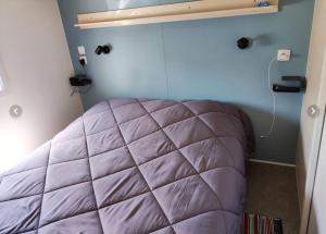 - une chambre avec un lit violet dans l'établissement Mobil home Vendée, à Saint-Jean-de-Monts
